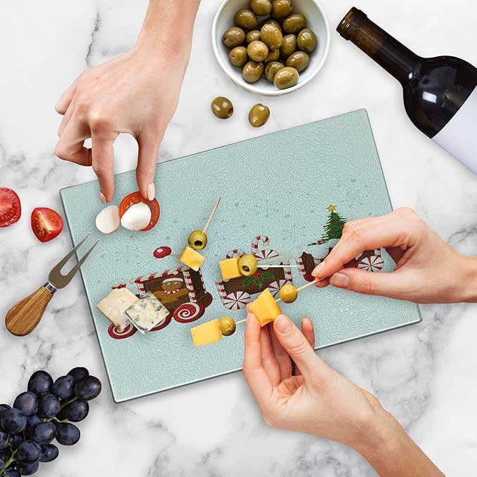 Ambesonne Christmas Cutting Board, Train Gingerbread Cream Candy Cartoon Toys Snowflakes Presents, Decorative Tempered Glass Cutting and Serving Board, Small Size, White Brown Vermilion