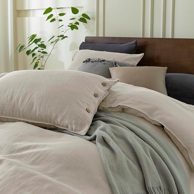 EVERLY 100% Pure Linen Duvet Cover Set King Size 104X90Inch 3pcs (1 Duvet Cover,2 Pillowcases) Soft and Breathable for All Season with Coconut Button Closure, Suitable for Hot Sleepers-Linen King