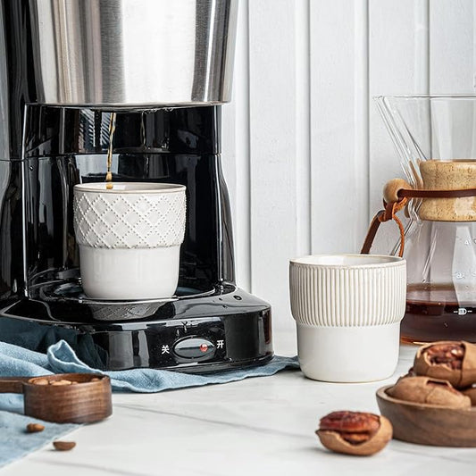 Espresso Cups Set of 2, 4oz Espresso Shot Cups, Mini Coffee Mugs Farmhouse Decor, Demitasse Cup Perfect for Coffee Maker, Microwave and Dishwasher Safe, (Embossed Stripes+Checks