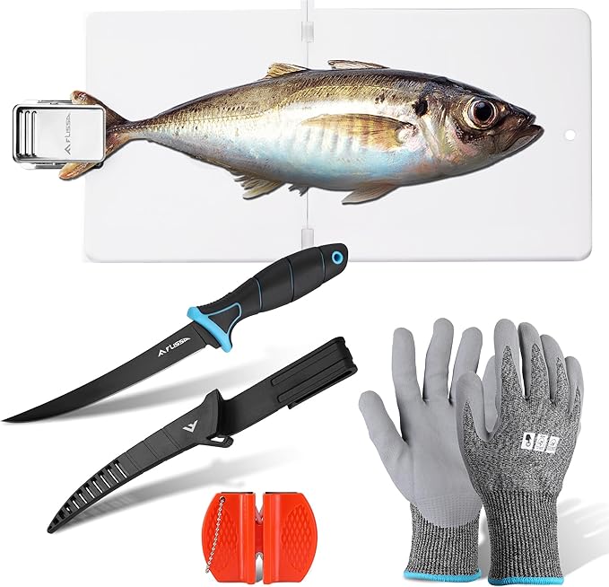 FLISSA 4-Piece Fish Fillet Set, Cleaning Kit - 7" Fillet Knife, Foldable Fish Board with Clamp, Knife Sharpener and Cut Resistant Gloves, Suitable for Easy Cleaning, Filleting and Cutting