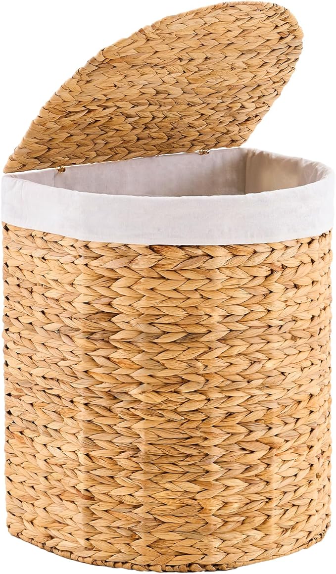 Half Round Wicker Laundry Hamper with Lid and 2 Removable Liner Bags, Handwoven Natural Water Hyacinth Laundry Basket for Dirty Clothes, Natural