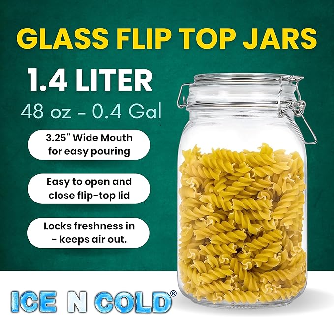 Airtight Glass Storage Jars with Clamp Lid – Food Storage Containers with Rubber Gasket Seal – Pantry & Kitchen Canisters for Dry Goods, Coffee, Sugar, Pasta – 0.4L to 2.2L Sizes (4, 48oz | 1.4L)