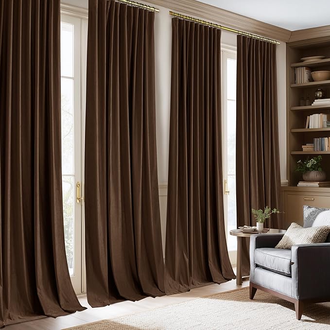 NICETOWN Brown Velvet Curtains 96 inch Long 2 Panels for Living Room - Blackout Window Treatments Pleat Tape with Back Tab Vision Insulated Temperature Balanced Drapes for Bedroom and Dining Room