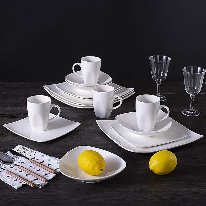 Bone China Square Shape, Elegance White 16pc Dinnerware Set