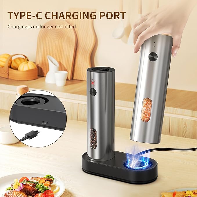 Electric Salt and Pepper Grinder Set,Upgradeable External Grind Adjustment for Coarse or Fine, Set with Rechargeable Base,LED Light, Ideal for Kitchen Cooking and Outdoor Grilling.