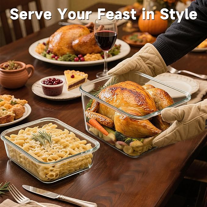 KOMUEE 220oz & 76.4oz Extra Large Glass Food Storage Containers with Airtight Lids, 2 Piece Big Glass Containers Set, Ideal for Storing Rotisserie Chicken, Lasagna,Salads,Fruits, Leak-proof & BPA-Free