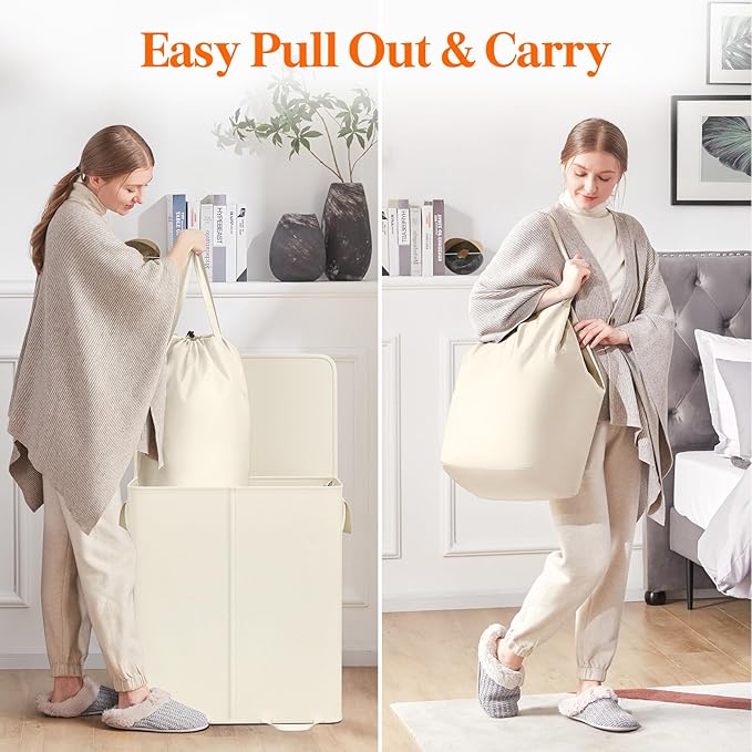 Lifewit Double Laundry Hamper with Lid and Removable Laundry Bags, Large Collapsible 2 Dividers Dirty Clothes Basket with Handles for Bedroom, Laundry Room, Closet, Bathroom, College, 155L Ivory White