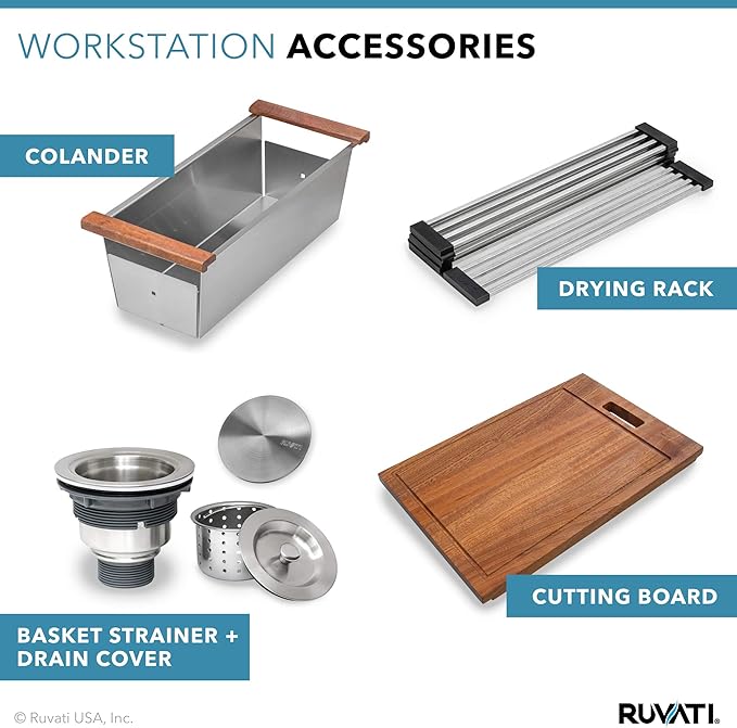 Ruvati 32-inch Undermount 16 Gauge Stainless Steel Workstation Kitchen Sink Single Bowl – Soundproof Multifunction Chef Sink with Cutting Board & Accessories, Brushed Finish Hides Scratches – RVH8300