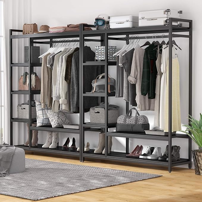 Tribesigns Free-standing Closet Organizer with 6 Storage Shelves and Hanging Bar, Large Standing Clothes Garment Rack（Black）