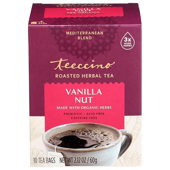 Teeccino Vanilla Nut Herbal Tea - Rich & Roasted Herbal Tea That’s Caffeine Free & Prebiotic for Natural Energy, 10 Tea Bags