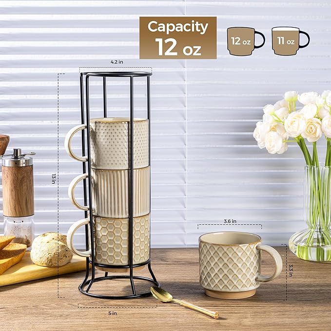 GBHOME 12OZ Stackable Coffee Mugs with Stand, Ceramic Coffee Mugs with Texture Patterns for Man,Woman,Dad,Mom, Modern Coffee Cups Set of 4 for Latte/Cappuccino/Cocoa. Dishwasher&Microwave Safe