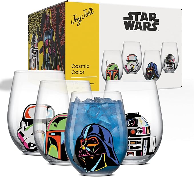 JoyJolt Star Wars Cosmic Color Stemless Drinking Glasses, 19oz Glass Cups ft Darth Vader, Stormtrooper, Boba Fett, R2-D2 - Star Wars Kitchen Glasses Set of 4, Gifts for Men, Women & Adults