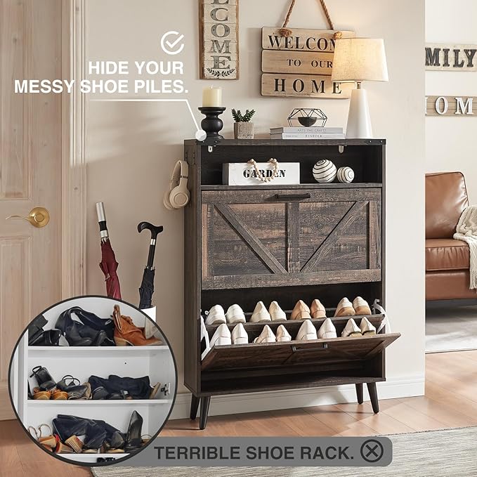Shoe Storage Cabinet,Farmhouse Shoe Organizer with 2 Flip Drawers & Barn Door Design,Freestanding Hidden Slim Narrow Shoe Rack Cabinet with Open Storage for Entryway, Foyer,Hallway, Dark oak