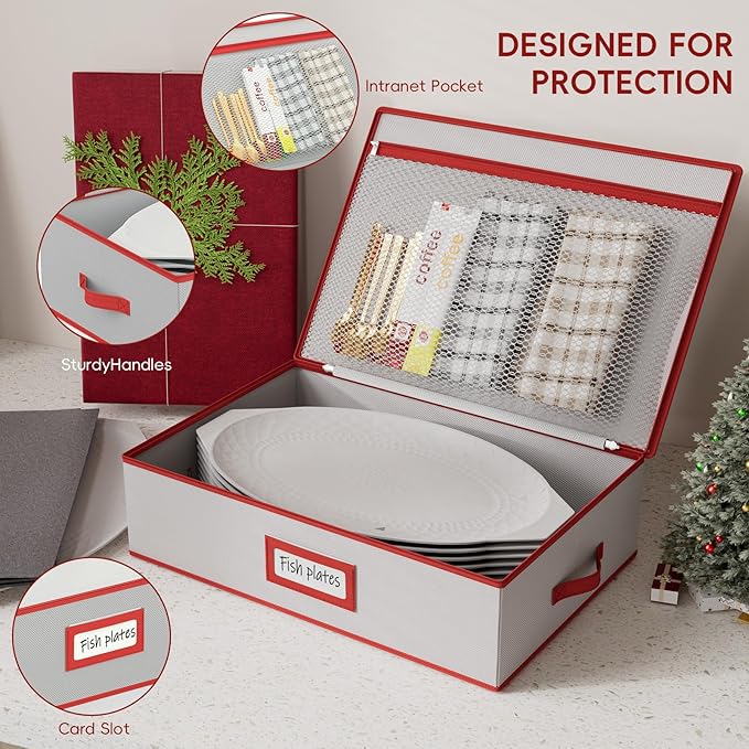 homyfort Platter Storage Case, Christmas China Storage Containers Box Hard Shell 17" x 13" x 5.5" for Platters Organizing, 4 Felt Dividers Included, Structured Top and Stackable