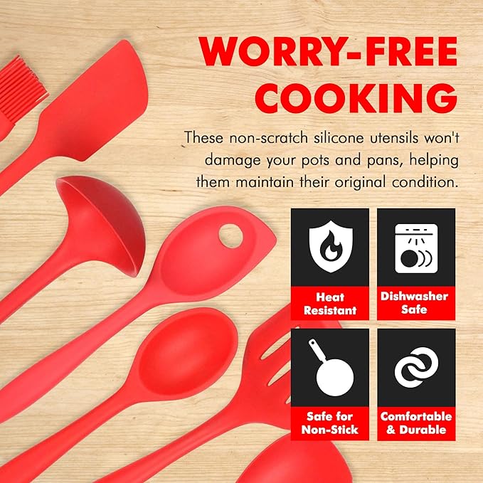 Chef Craft 42077 7 Piece Silicone Kitchen Tool and Utensil Set, Red