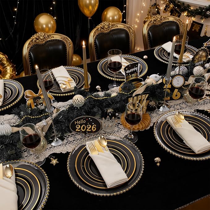 350 Pieces Black and Gold Plastic Plates with Disposable Silverware, Include 50 Dinner Plates 9”, 50 Dessert Plates 6.3”, 50 Black Cups 9 OZ, 50 Pre Rolled Napkins for New Year