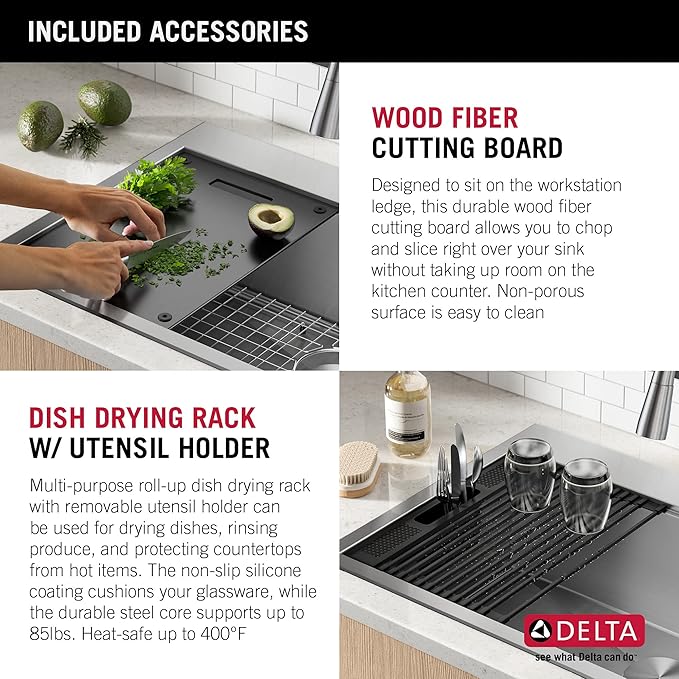 DELTA FAUCET Rivet 33-Inch Workstation Kitchen Sink Drop-In Top Mount 16 Gauge Stainless Steel 50/50 Double Bowl with WorkFlow Ledge and Chef’s Kit of 8 Accessories, 95A931-33D-SS