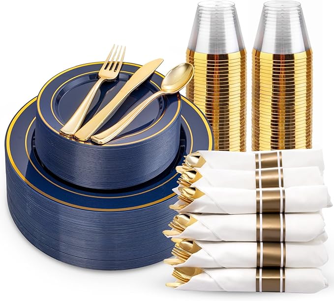 175PCS Blue and Gold Plastic Plates - Navy Blue Plates with Pre Rolled Napkins for Party - 25Guest Disposable Dinnerware Sets for Hanukkah/Party/Hanukkah/Wedding