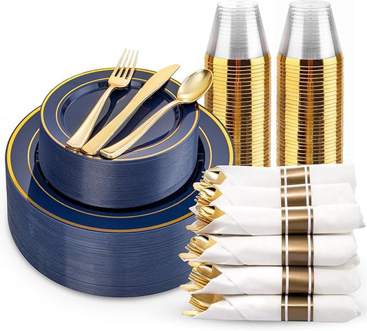 175PCS Blue and Gold Plastic Plates - Navy Blue Plates with Pre Rolled Napkins for Party - 25Guest Disposable Dinnerware Sets for Hanukkah/Party/Hanukkah/Wedding