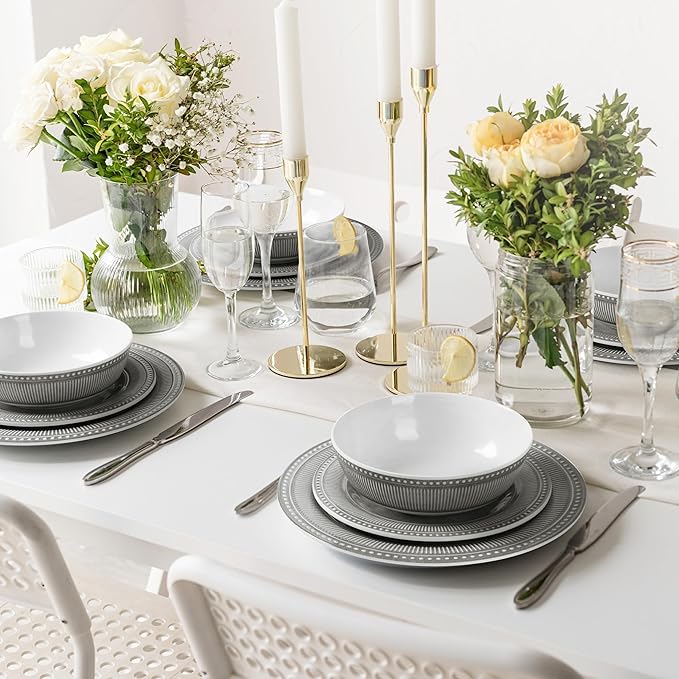 AELS Melamine Dinnerware Set of 12 Pcs, Dinner Dishes Set for Indoor and Outdoor Use, Melamine Plates and Bowls Set for 4, Dishwasher Safe, Lightweight Unbreakable, BPA Free, Gray
