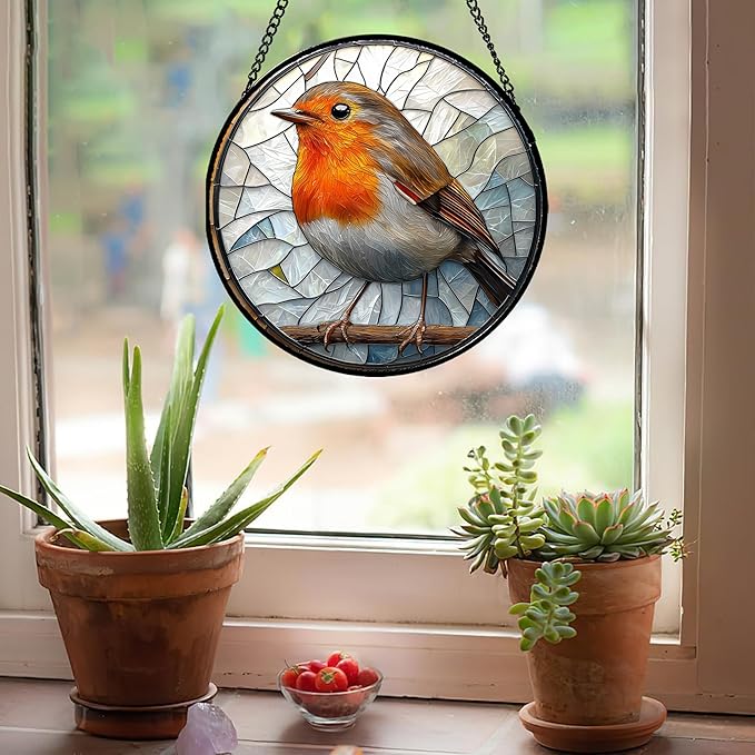 Stained Glass Window Hanging - Orange Grey Robin Sun Catcher for Door Garden Home Decor Bird Lovers Suncatcher Christmas Mother's Day Birthday Gifts for Women Men Mom Nana 6.3 in