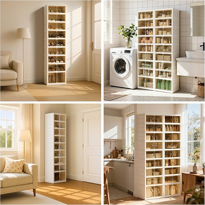 Foldable Shoe Organizer Storage Box, Portable Extra Large Folding Shoe Rack for Closet, Shoe Storage Box with Magnetic Transparent Door and Wheels, 9 Layers 18 Grids with 2 Big Grids
