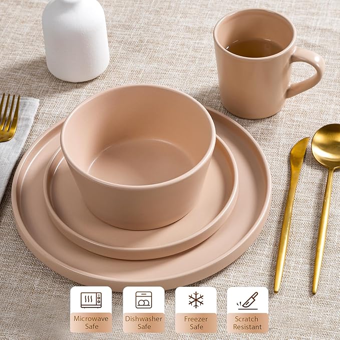 Plates and Bowls Sets for 4 - CJDC-QUELO 16 Piece Stoneware Dinnerware Sets with Mugs, Ceramic Dishware Sets for Kitchen Dining Use, Chip and Scratch Resistant Microwave Dishwasher Safe, Brown