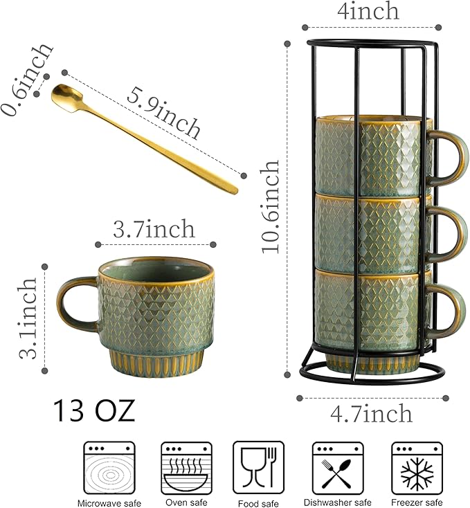 LYEOBOH Coffee Mug, Coffee Mugs Set of 4, Stackable Coffee Mugs with Rack and Spoons - 13 Oz Cup Set with Stand, Ceramic Mugs for Home & Kitchen, Blue and Green