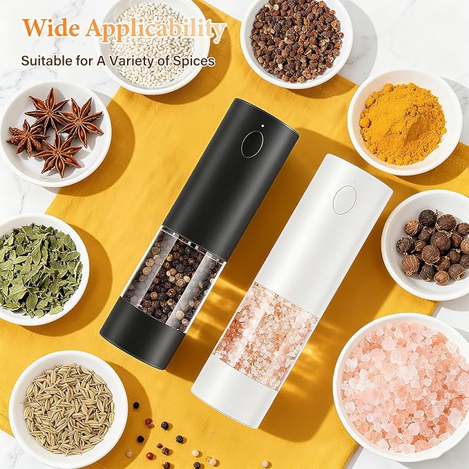 WOWBOX Electric Salt and Pepper Grinder Set 2 PCS, Automatic Coarseness, Rechargeable Salt and Pepper Shakers, Large Capacity Multifunctional, for Kitchen, Restaurant, Outdoor, BBQ (Black & White)