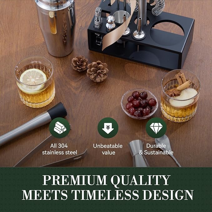 TNGO Cocktail Shaker Set - Mixology Bartender Kit with Sleek Stand - Premium Bar Tool Set All Bar Accessories Includes Martini Shaker Drink Mixer, Muddler, Jigger, Strainer, Bar Mixer Spoon