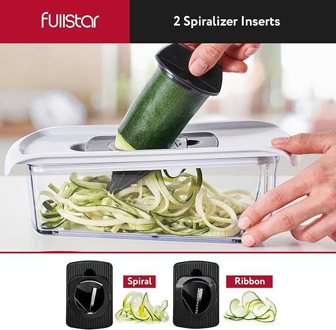 Fullstar Mandoline Slicer for Kitchen, Fruit Cutter, Cheese Grater, Cucumber Slicer, Veggie Spiralizer, Food Cutter & Kitchen Gadgets & Gifts with Safety Glove (9 in 1, White)