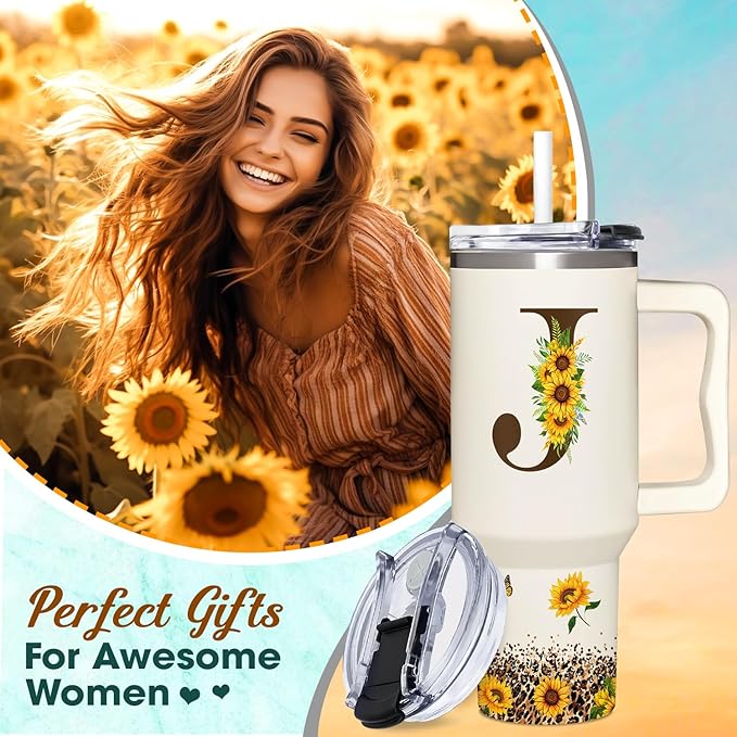 Personalized Birthday Gifts For Women - Sunflowers Monogrammed Cup For Boss Day, Christmas - Customized Gifts For Women, Mom, Wife, Coworkers, Boss Lady, Her - Custom Tumbler With Handle 40oz