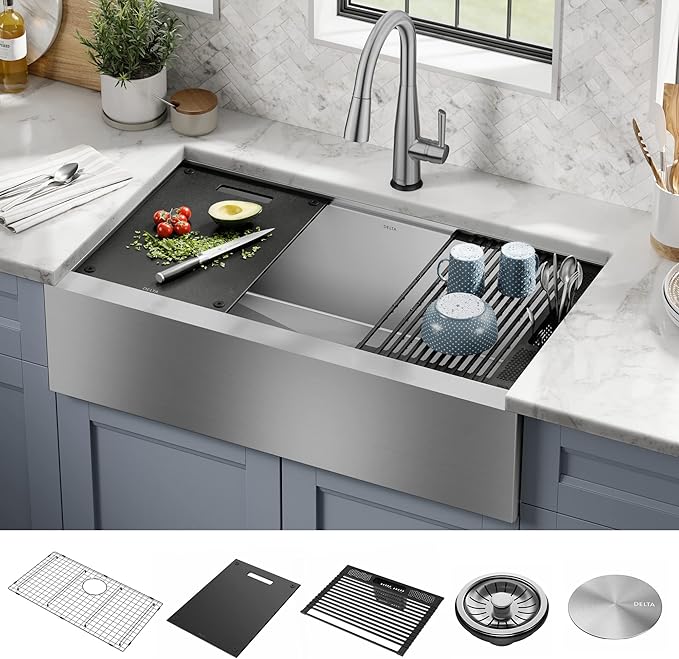 DELTA FAUCET Rivet 36-inch Workstation Farmhouse Apron Front Kitchen Sink Undermount 16 Gauge Stainless Steel Single Bowl with WorkFlow Ledge and Kit of 5 Accessories, 95C9031-36S-SS