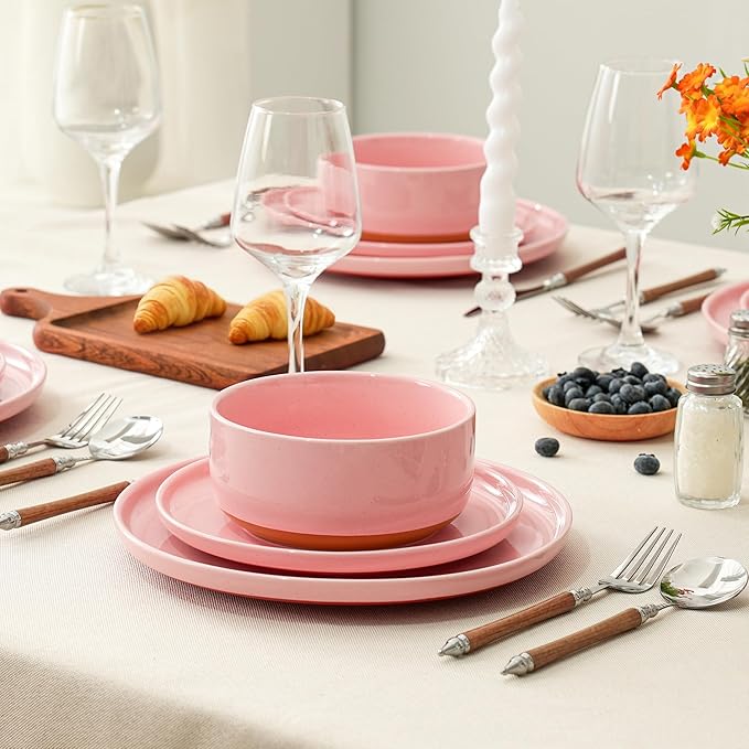 6 Piece Dinnerware Sets for 2, Dual Glaze Stoneware Plates and Bowls Set, Microwave and Dishwasher Safe, Pink