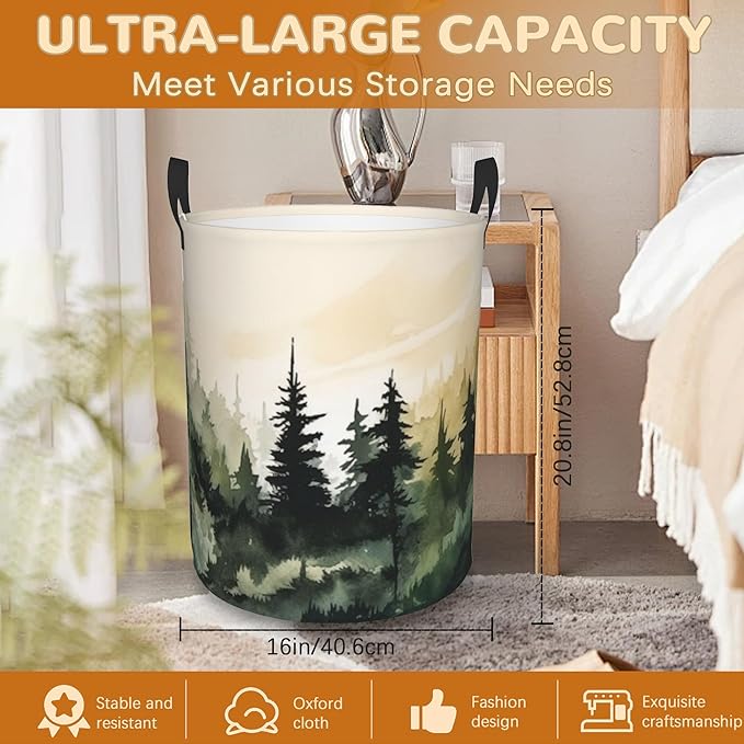 Mountain Forest Laundry Basket,Large Watercolor Landscape Laundry Hamper/Bathroom/Home Decor/Collapsible Round Storage Bin,Boys Girls Dirty Clothes Hamper/Boxes/Toys Storage 16x20 Inch