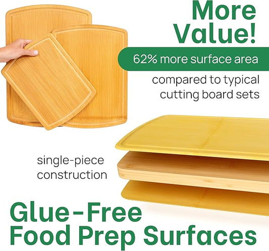 Bamboo Cutting Boards for Kitchen with Glue-Free Surface and Lifetime Replacements – Organic Wooden Chopping Board with Juice Grooves for Carving & Serving, Non Toxic & Durable by Greener Chef