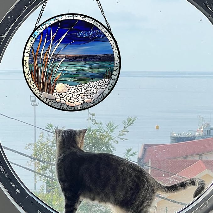 Stained Glass Window Hanging 4 Pcs Set Navy Blue Ocean Landscape 7.8" - Suncatcher Door Garden Sun Catcher Decor Birthday Mother's Day for Mom Woman Nana Girl Boy Friend