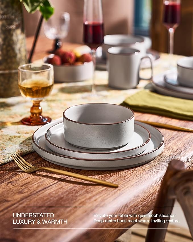 Famiware Nebula Ridge Stoneware Dinnerware Sets for 8, 24 Pieces Plates and Bowls Sets, Dishes Set, Microwave and Dishwasher Safe Kitchen Plates, Light Gray