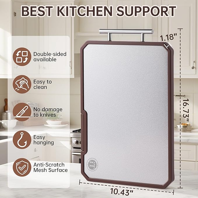 Titanium Cutting Board with Knife Sharpener, Pure Titanium & Acacia Wood Cutting Boards for Kitchen, Double Sided Checkerboard Chopping Board with Handle & Stand, 16.7”×10.4”x×1.2”