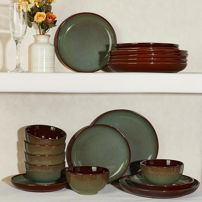 32 Piece Double Bowl Dinnerware Sets with Pasta Bowls, Highly Chip and Crack Resistant Plates and Bowls Sets, Natural Earthyware Ceramic Dishware Sets, Service for 8 Sage Green