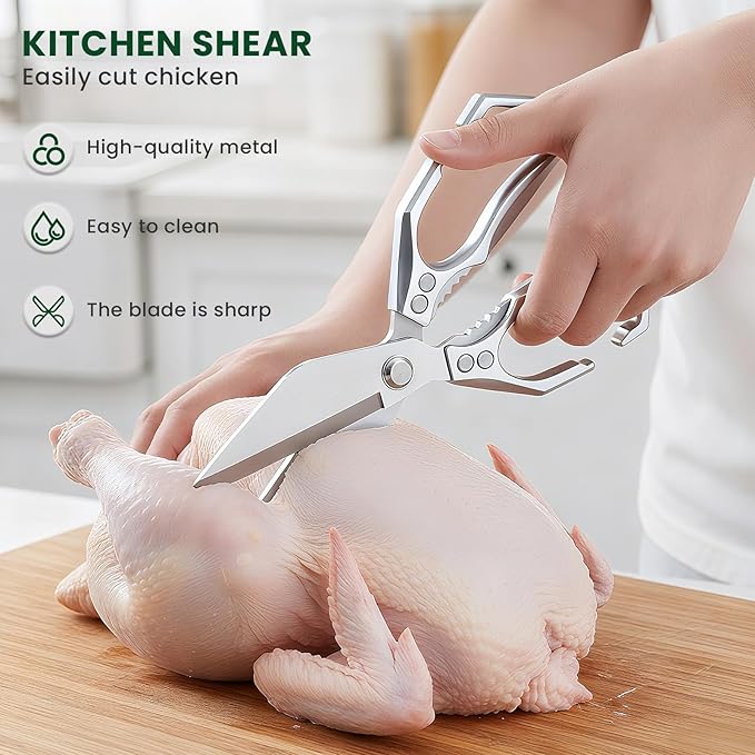 Heavy Duty Kitchen Scissors All purpose, poultry shears for food Cutting Meat, Chicken, Bones, Seafood, Herbs, Nuts, Packages, Culinary scissors with Ergonomic Handle Silver