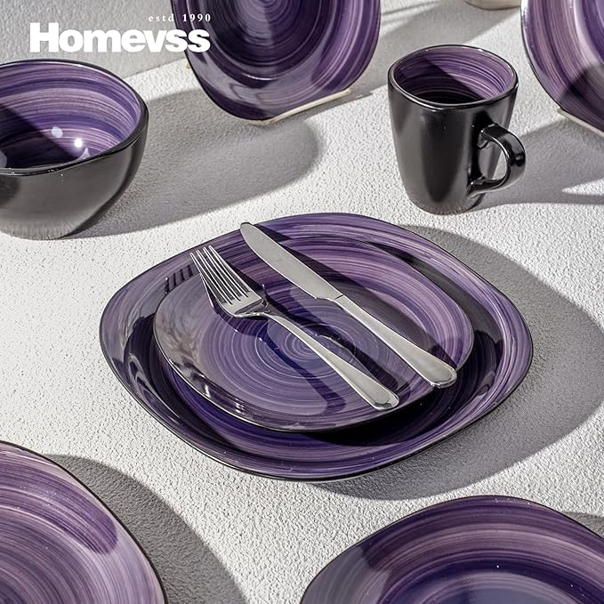 16-Piece Square Dinnerware Set - Serves 4, Inside Spinwash Swirl Purple + Outside Black Plates & Bowls Set | Microwave & Dishwasher Safe