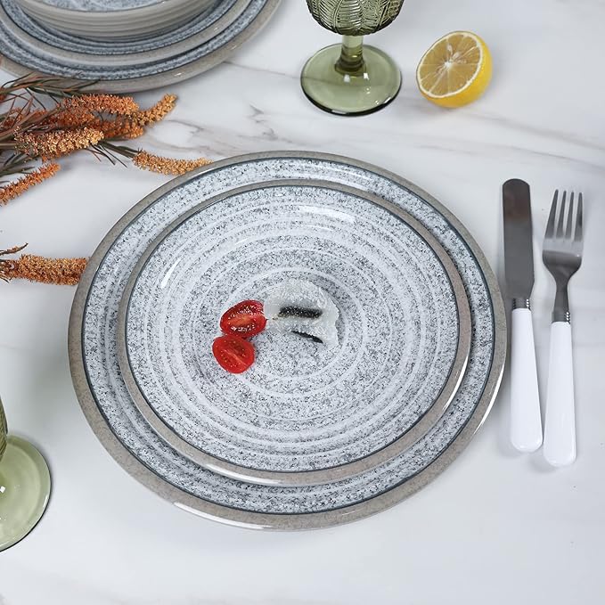 Melamine Dinnerware Sets 12 PCS - Service for 4 Plates & Bowls Sets Dishwasher Top-Shelf Safe, BPA Free Dinner Dishes Set for Everyday Use-Granite Pattern Gray