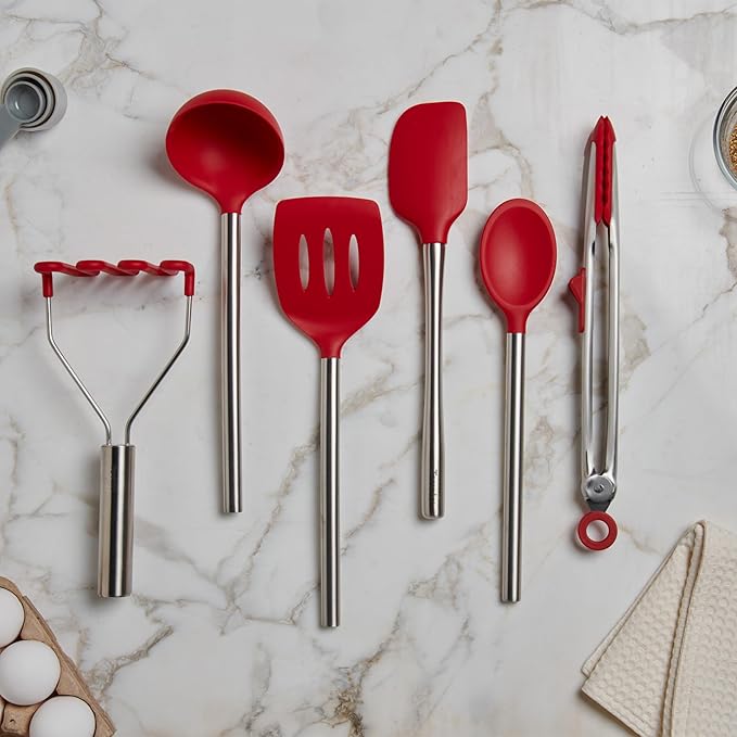 Tovolo Silicone Cooking Utensil Set of 6 Cayenne Red Ladle Slotted Turner Tongs Flex Core Spatula Scraper Mixing Spoon and Potato Masher, Dishwasher Safe Non Toxic BPA Free Silicone Kitchen Utensils