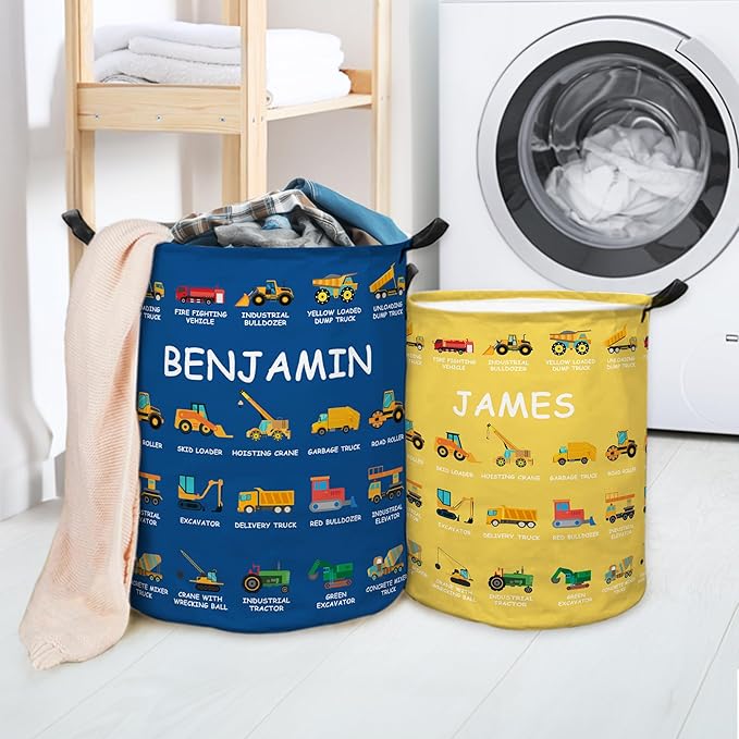 callie Personalized Truck Excavator Laundry Basket for Kids Boys, Waterproof Collapsible Laundry Hamper, Clothes Toys Storage Bin for Bedroom Nursery (13.8" x 16.5", 15.7" x 19.6")