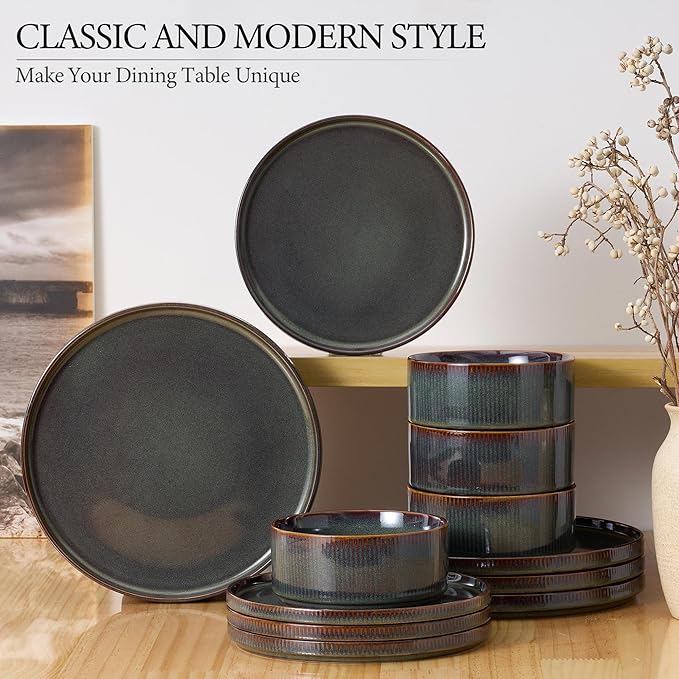 E-far Stoneware Dinnerware Sets, 18-Pieces Modern Plates and Bowls Sets, Kitchen Dinning Porcelain Dishes Set for 6, Chip & Scratch Resistant, Dishwasher & Microwave Safe, Blackish Green