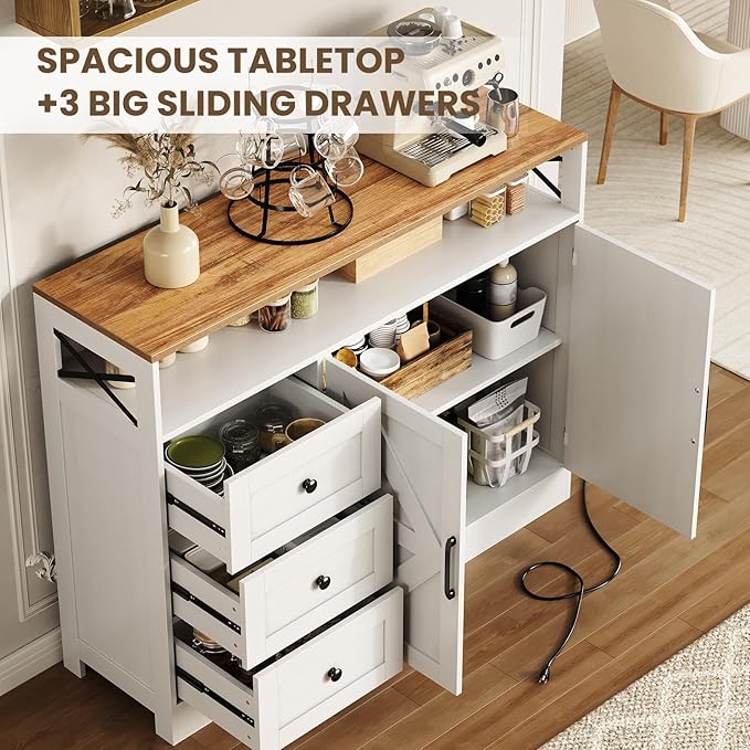 OUTLANE 47In Large Buffet Cabinet, Modern Farmhouse Sideboard with 3 Drawers, Wood Cupboard Storage Pantry Cabinet with 2 Barn Doors&Adjustable Shelf, Storage Cabinet for Living Room, Kitchen, White
