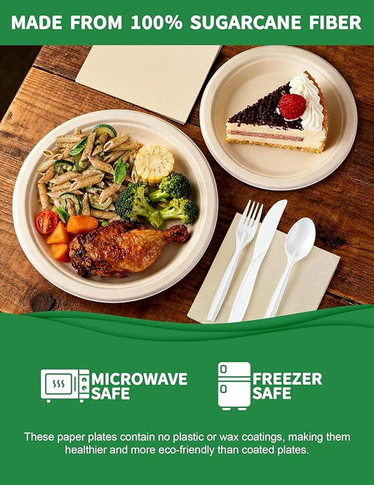 300Pcs Compostable Disposable Paper Plates Set - 9/7 Inch Heavy Duty Party Plates, Napkins and Cutlery, Biodegradable Eco-Friendly Dinnware Sets Supplies for Birthday, Christmas, Serve 50 Guests