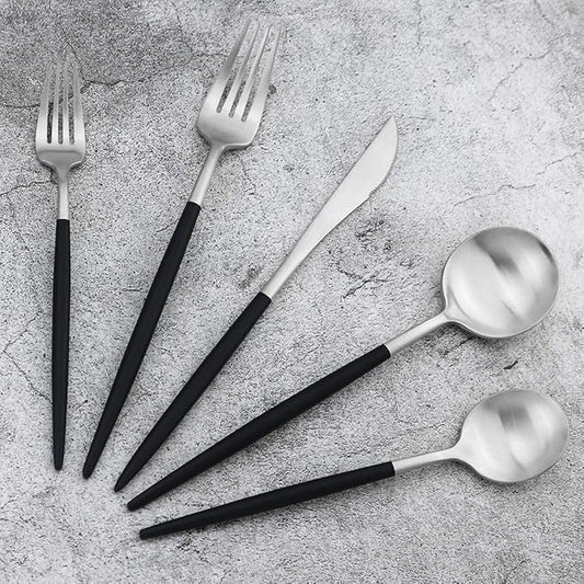 Gugrida Black Handle Matte Silver Silverware Set - 5-Piece 18/10 Stainless Steel Satin Finish Flatware, Kitchen Utensils, Tableware Travel Cutlery for Camping Office Lunch - Dishwasher Safe