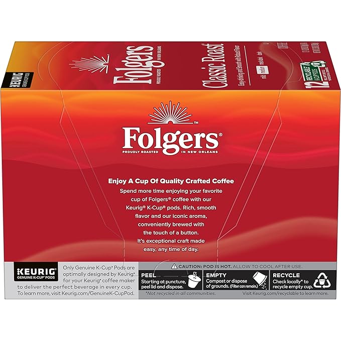 Folgers Classic Roast Medium Roast Coffee, 12 Keurig K-Cup Pods